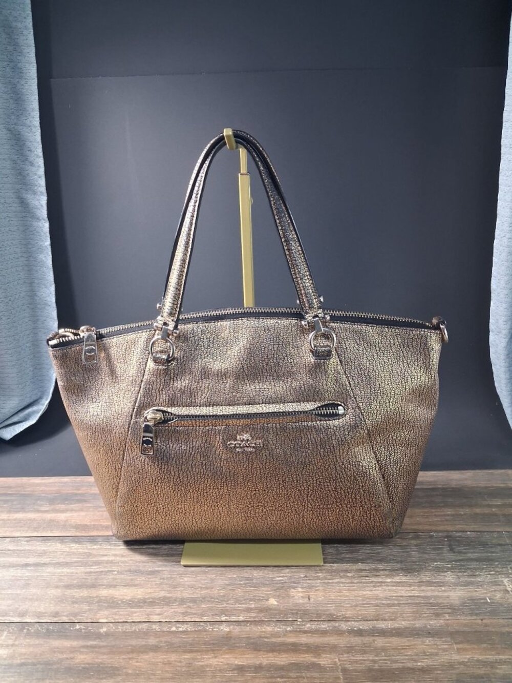 COACH Prairie Satchel Metallic Gold Bronze Leather Handbag No Crossbody Strap